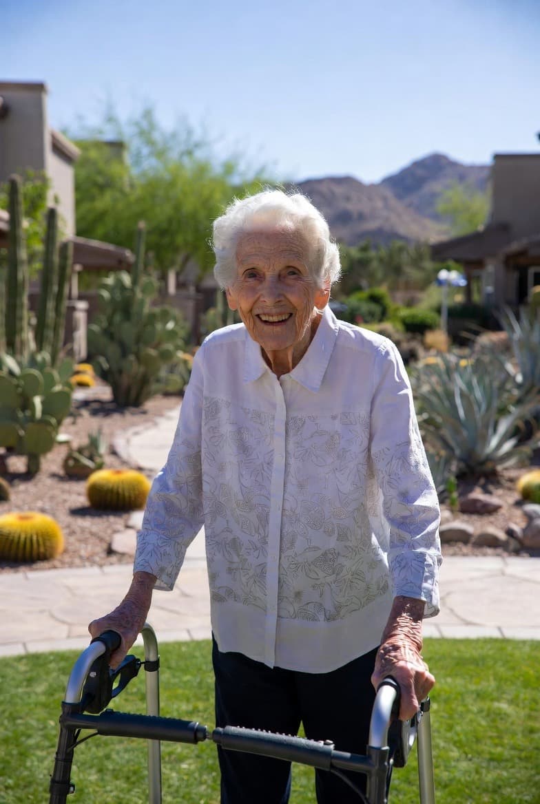 Elderly woman smiling in a desert garden with mountains in the background