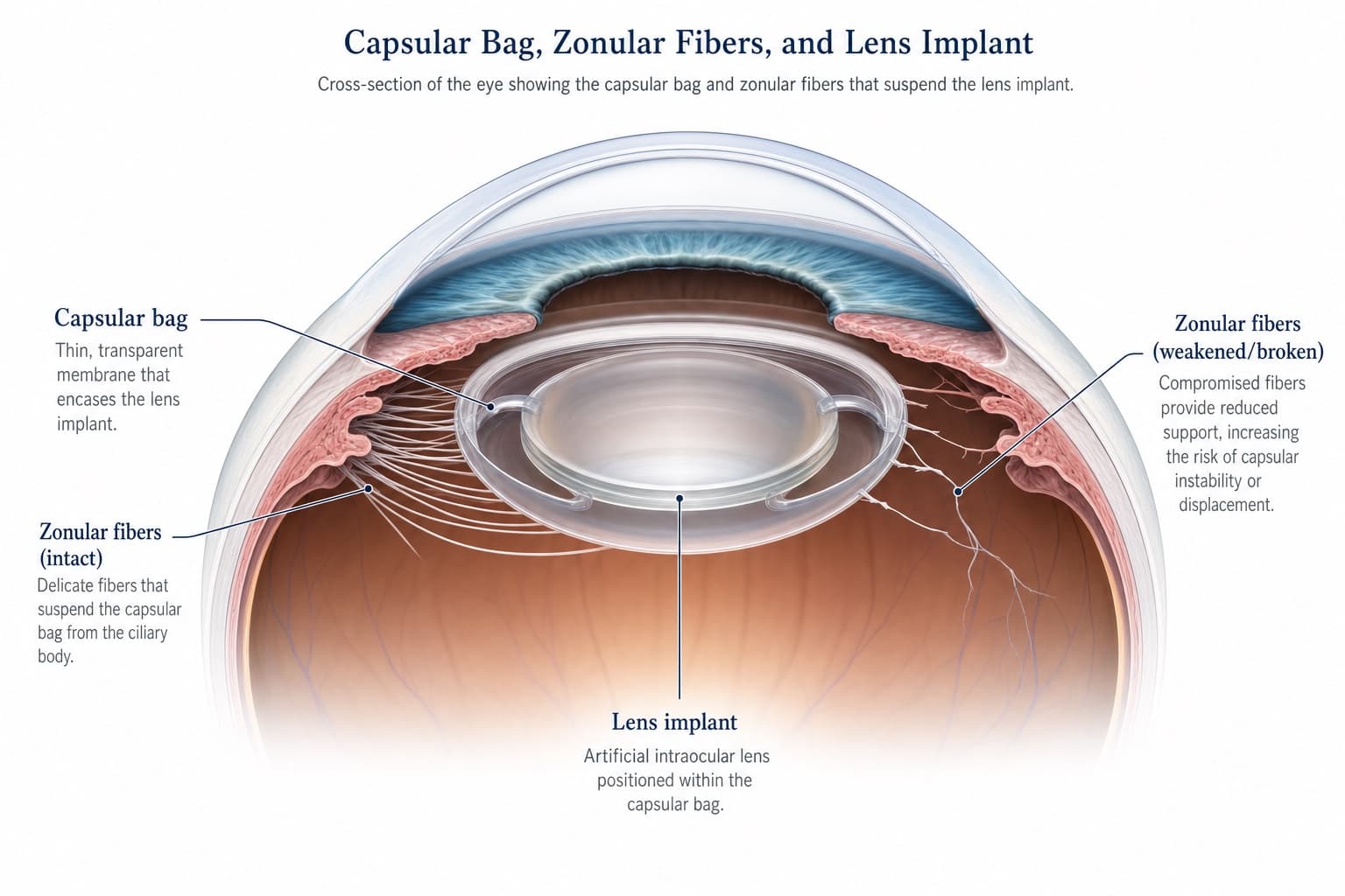 Illustration showing the delicate capsular support structures inside the eye during cataract surgery