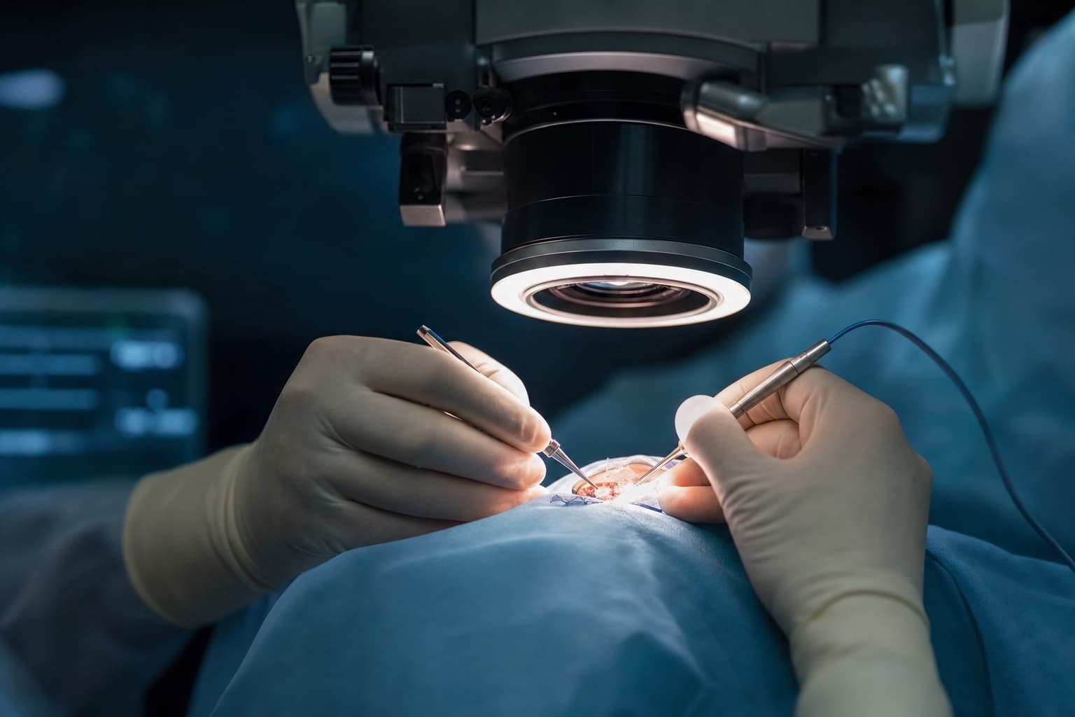Close-up of an ophthalmologist's hands performing precise microsurgery, representing the skill required for complex cataract cases