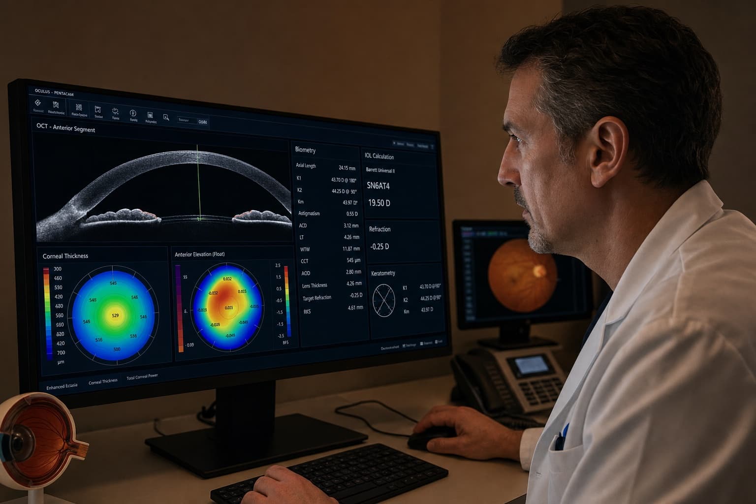 Surgeon reviewing detailed eye imaging and surgical planning for a complex cataract case