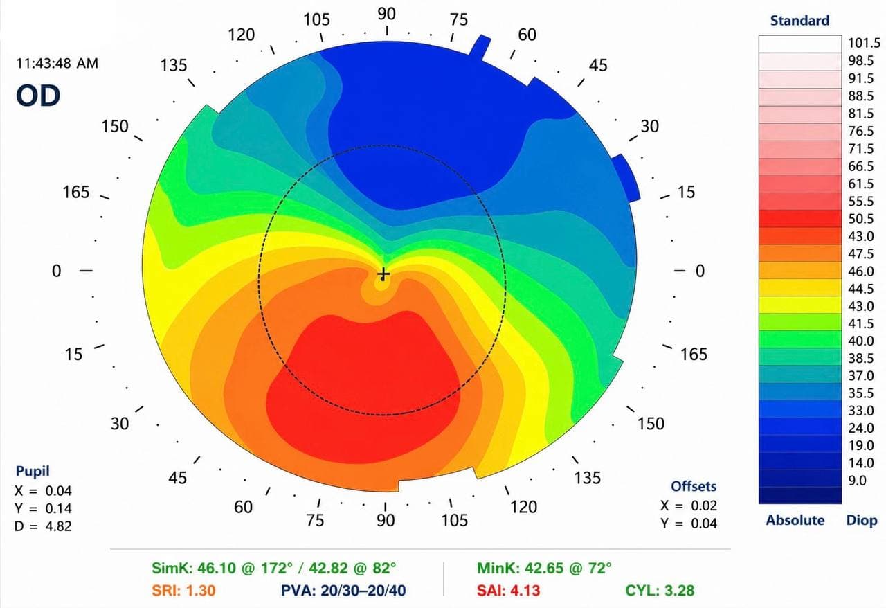Corneal topography showing irregular astigmatism from keratoconus - the color pattern reveals the asymmetric curvature that no lens implant can correct