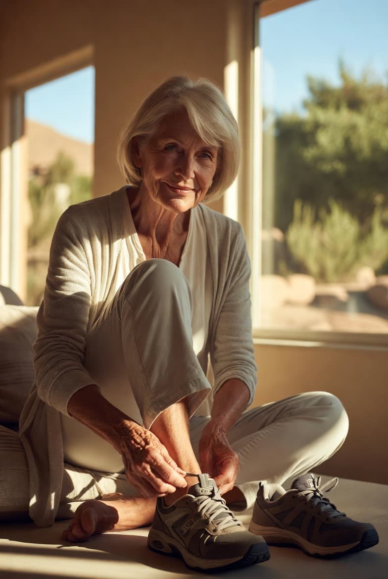 Active senior woman getting ready for exercise in her sunlit home