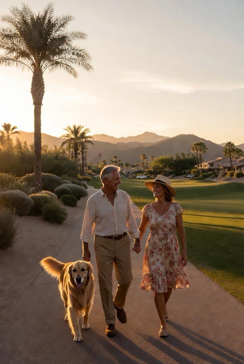 Couple walking their dog on a desert morning