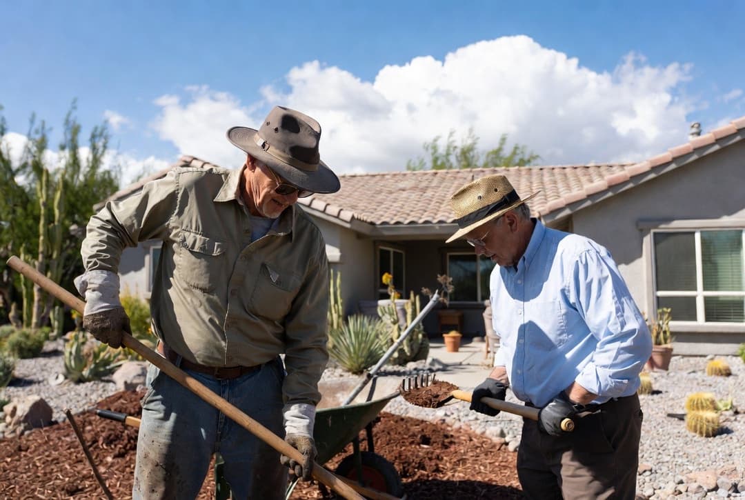 Neighbors working on desert landscaping in a Coachella Valley backyard