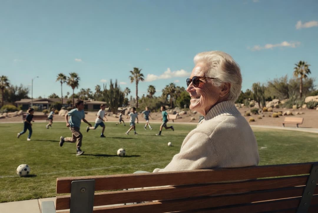 Grandparent watching grandchildren play soccer at a sunny desert park