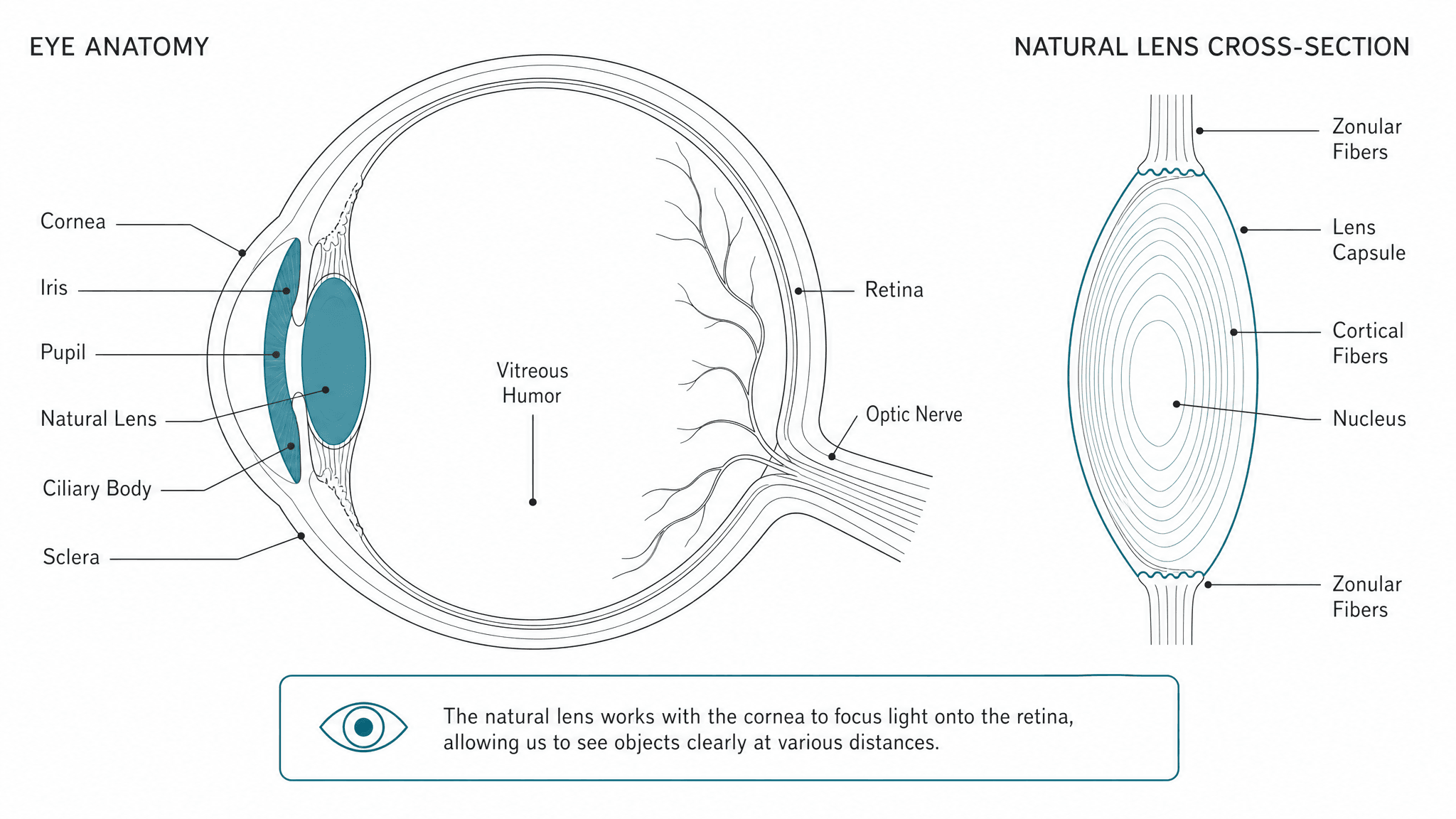 Detailed anatomy of the human eye showing cornea, iris, lens, retina, and optic nerve