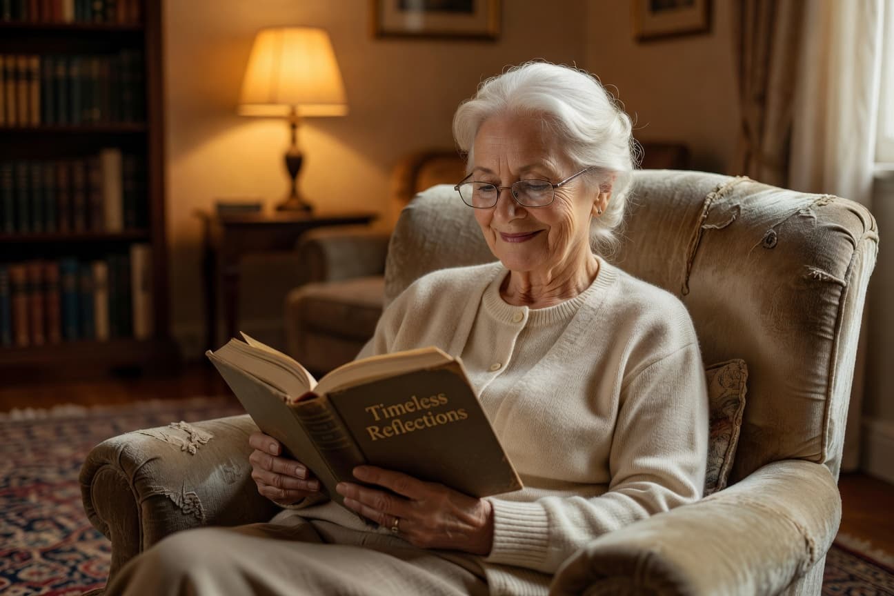 Elderly woman reading peacefully at home