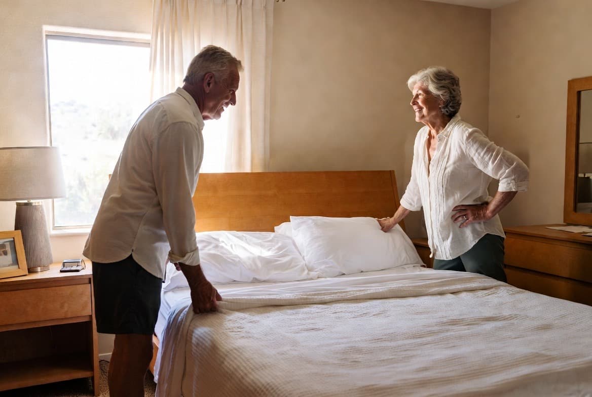 Couple in a sunlit bedroom, early morning light through windows