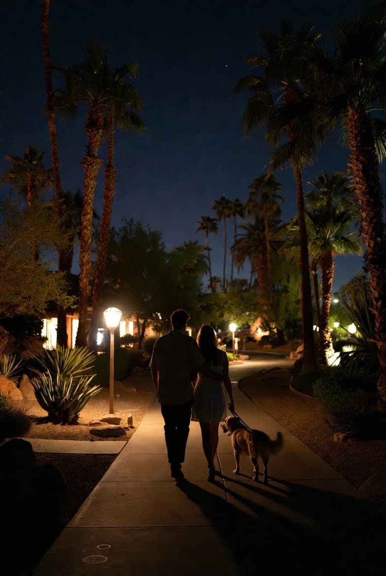 Couple walking their dog at night - restored vision and restored independence