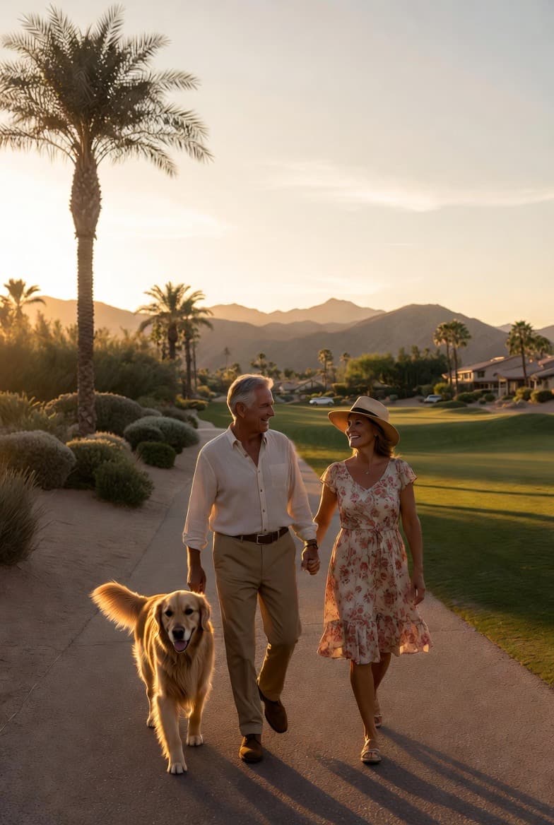 Family enjoying a golden hour walk with their dog - the clear vision lifestyle