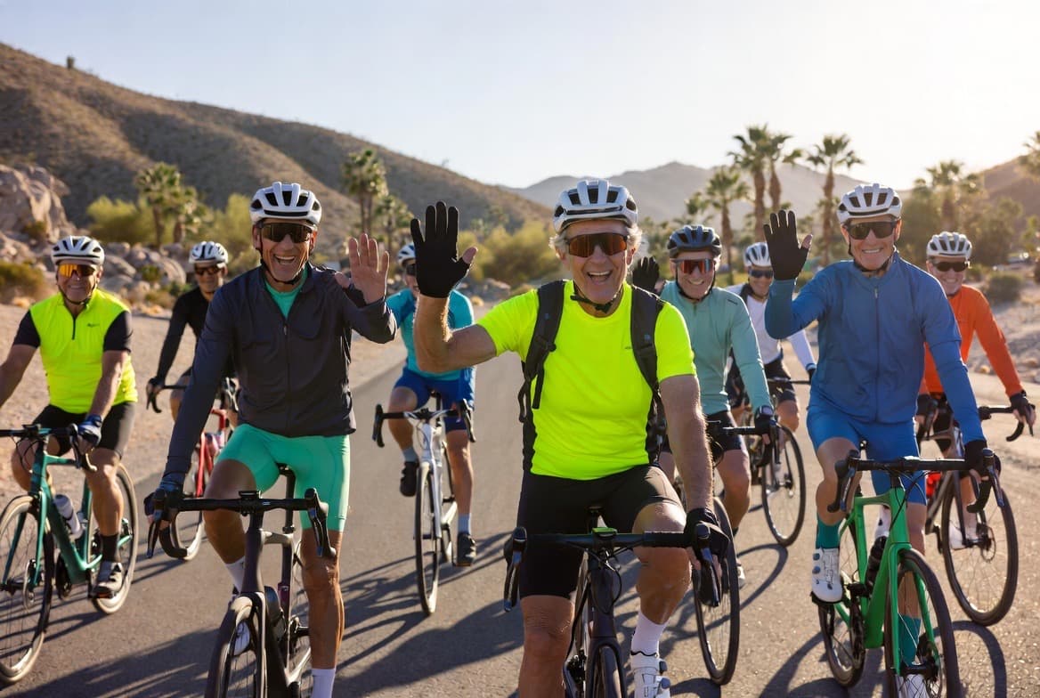 Active group cycling on a sunny desert road - staying active with clear vision