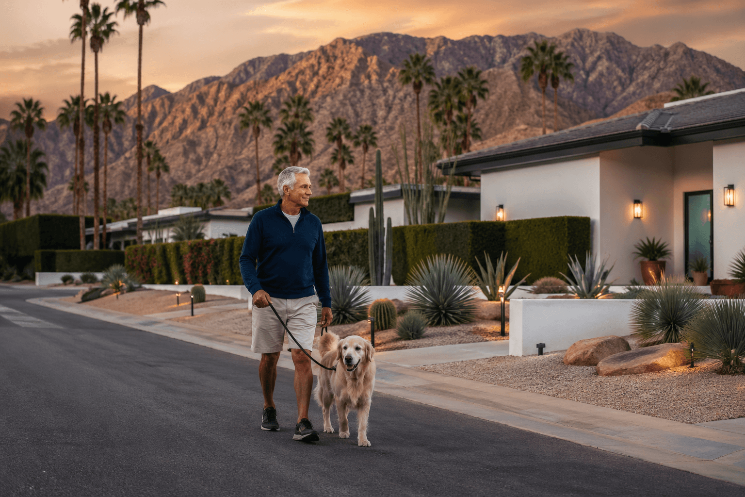 Man walking his dog at sunset - maintaining independence and quality of life