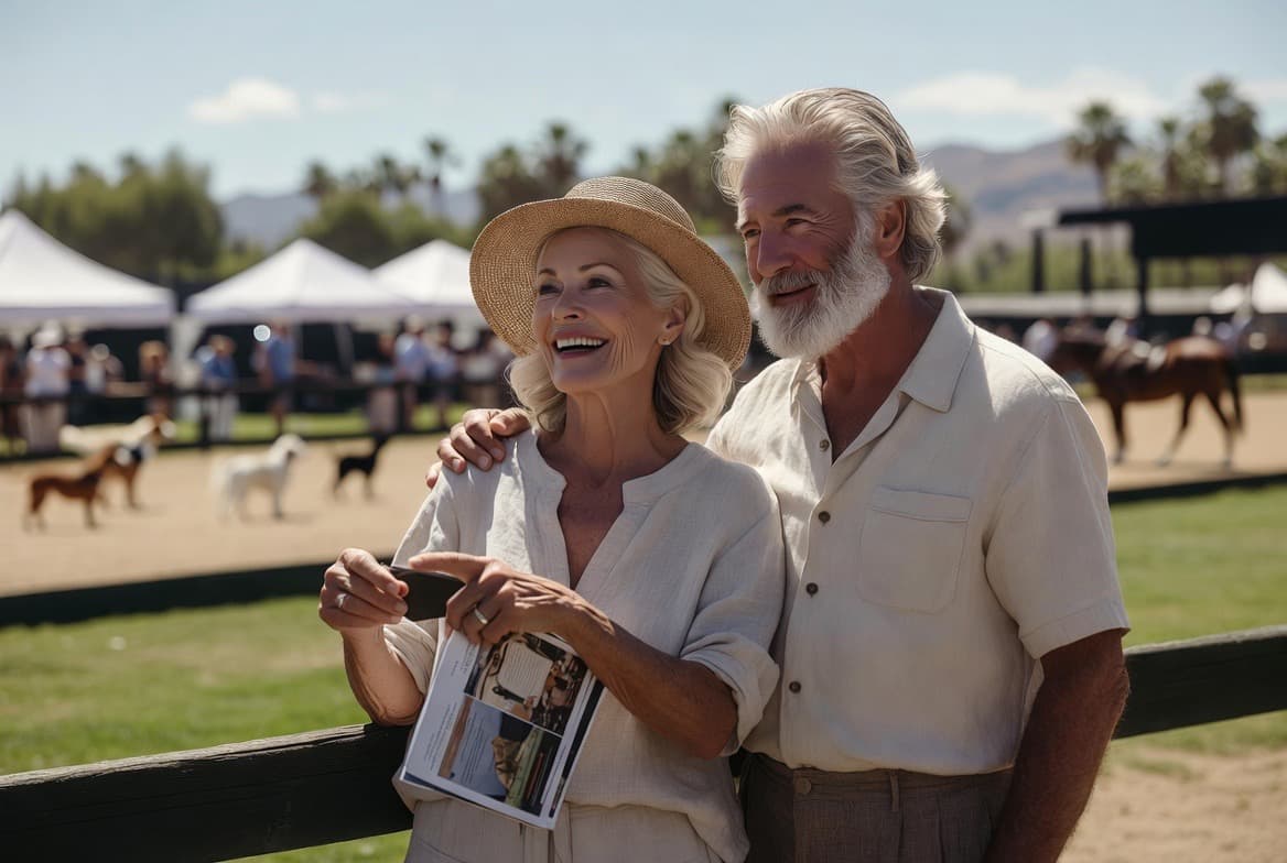 Seniors playing bocce ball on a desert lawn with palm trees - active living with managed eye conditions