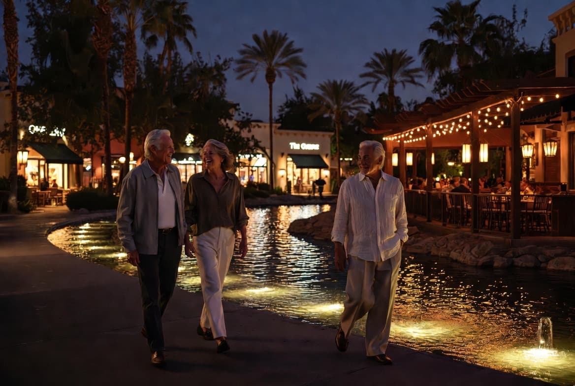 Seniors enjoying an evening stroll under string lights