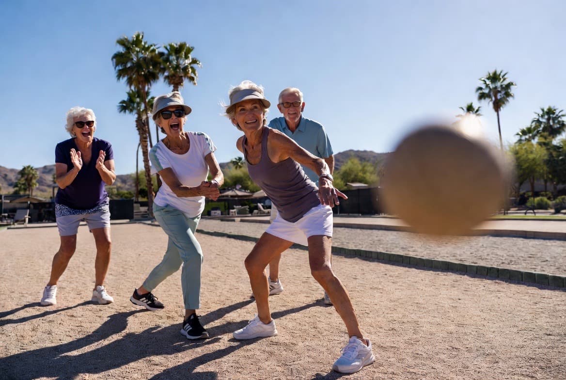 Active seniors enjoying an outdoor dinner in the desert - living well with age-related eye conditions