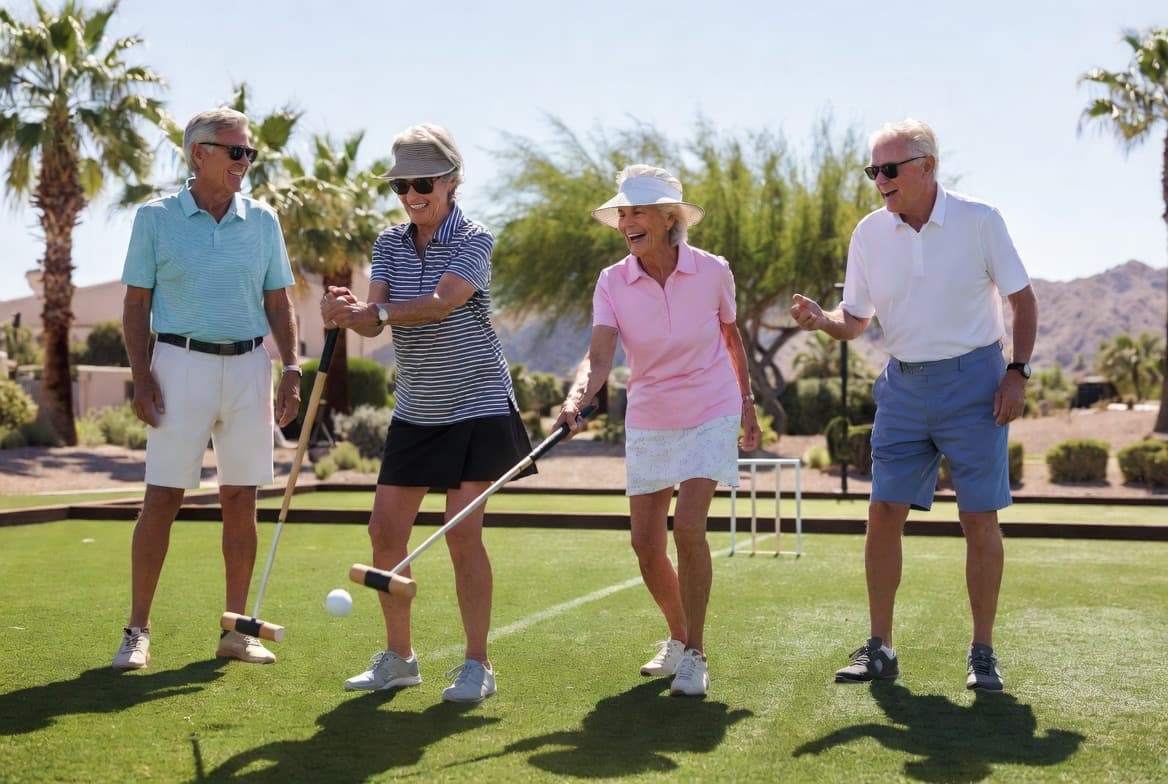 Seniors toasting at an outdoor dinner gathering in the Coachella Valley