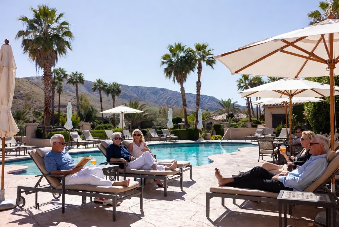 Seniors relaxing by the pool at a desert resort - the active lifestyle clear vision supports