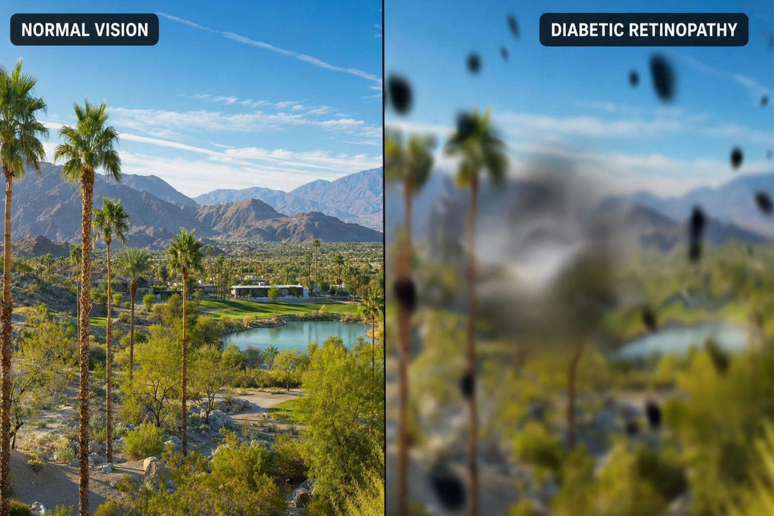 Simulation comparing normal vision to vision affected by diabetic retinopathy, showing dark spots and blurred areas in a desert landscape