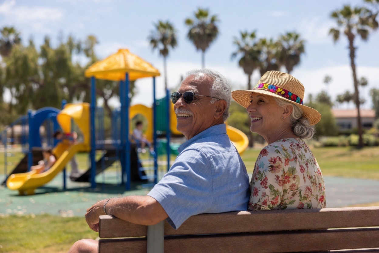 Smiling diverse senior couple enjoying a sunny day at the park, representing La Quinta's active community