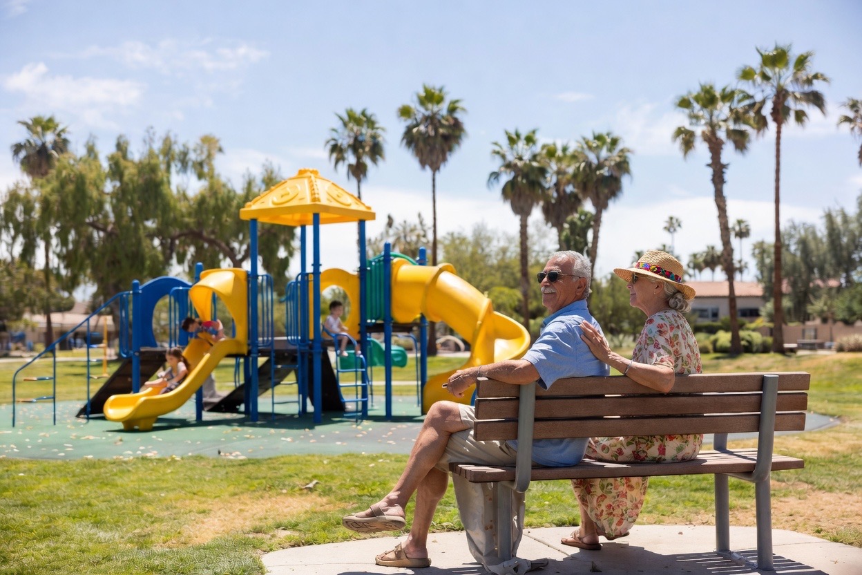 Diverse couple watching grandchildren play at the park, the kind of moment patients enjoy again after cataract surgery