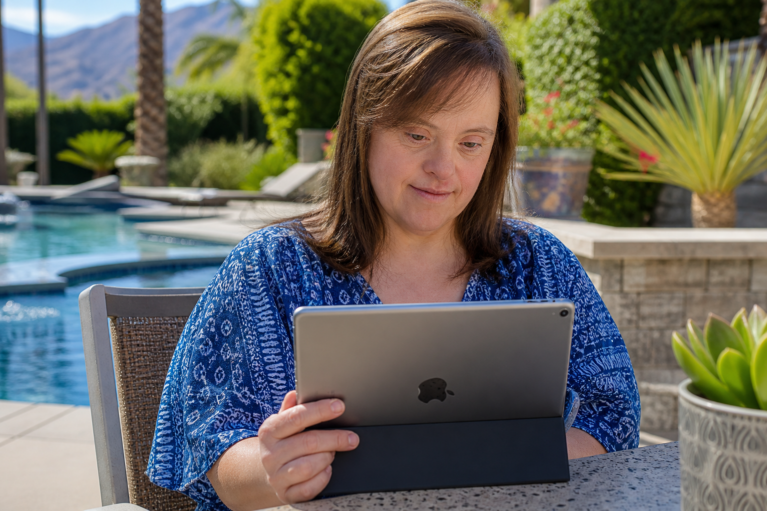 Woman with Down syndrome reading on a tablet by the pool