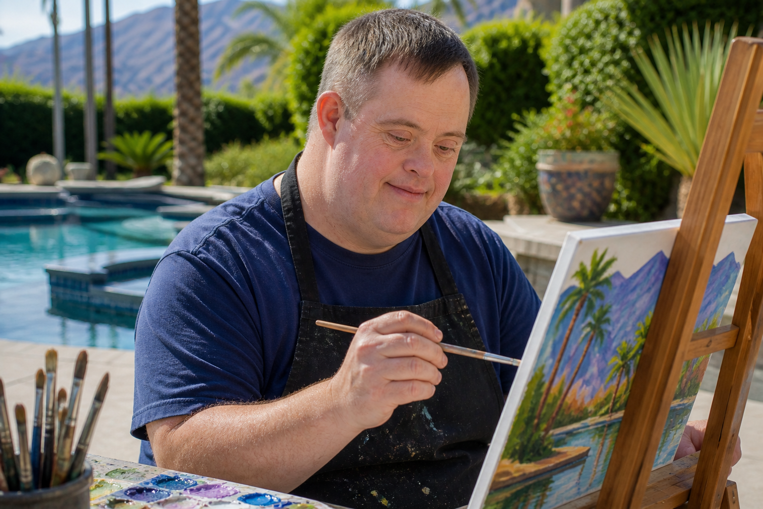 Man with Down syndrome painting a landscape at an easel by the pool