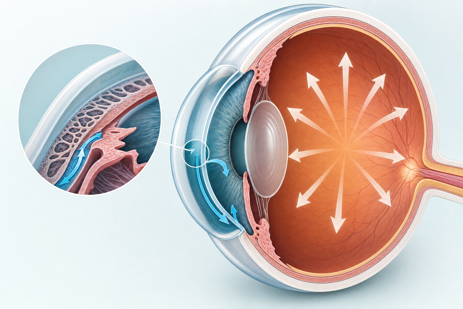 Medical illustration of eye anatomy relevant to glaucoma showing aqueous humor flow and drainage pathways