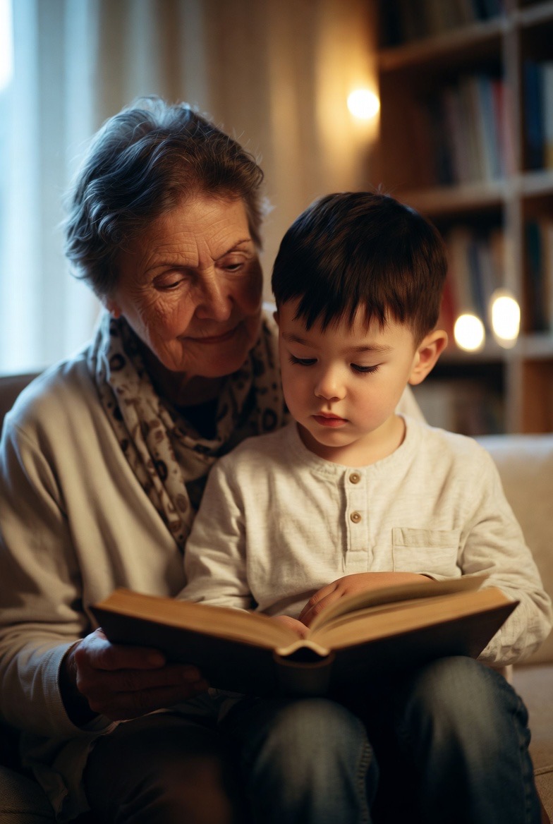 Grandmother reading a book with her young grandson in warm home lighting, the kind of near-vision moment cataract surgery restores
