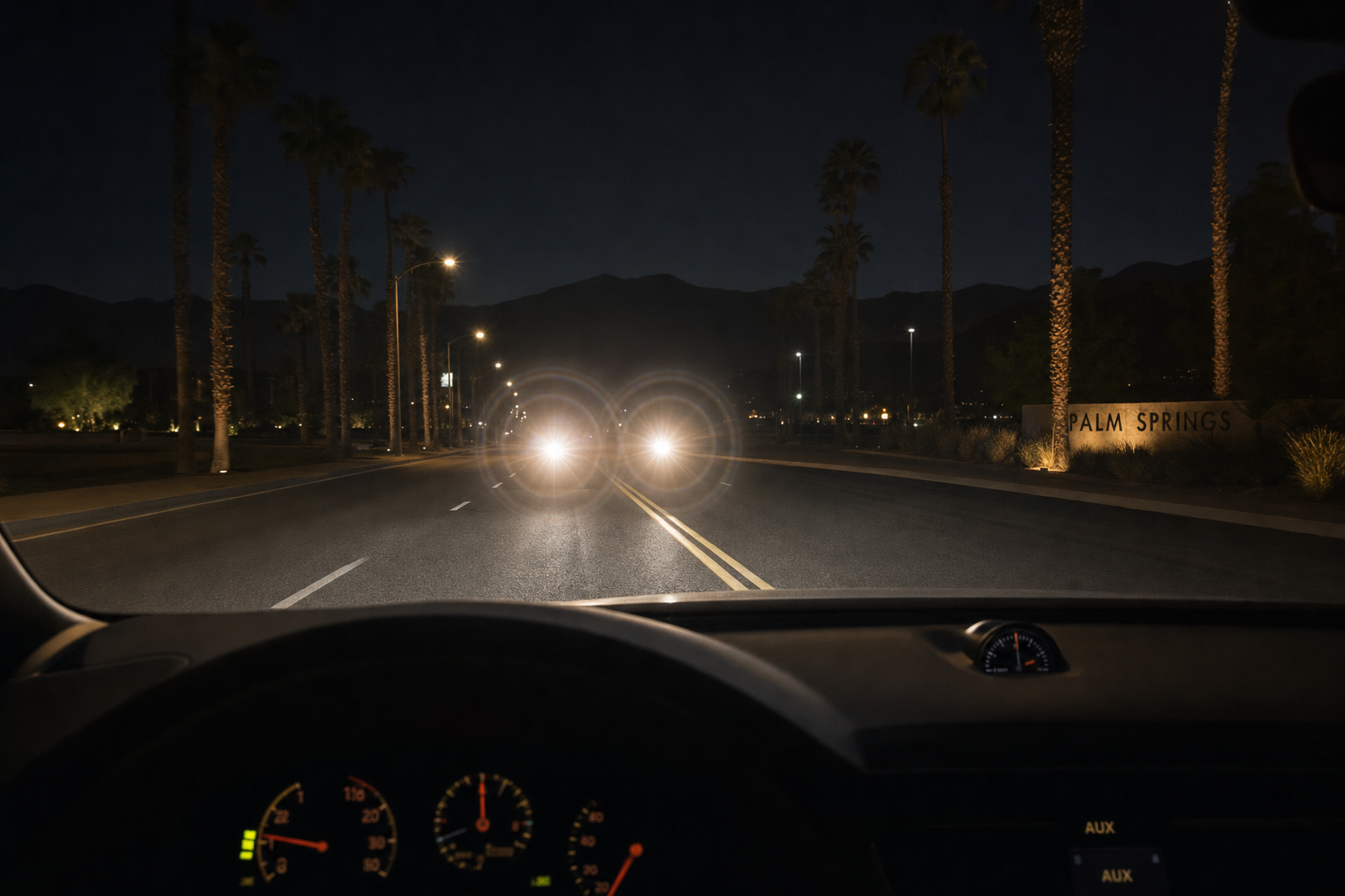 Simulation of halos around headlights at night, showing concentric rings of light as seen by some patients after cataract surgery with multifocal lens implants