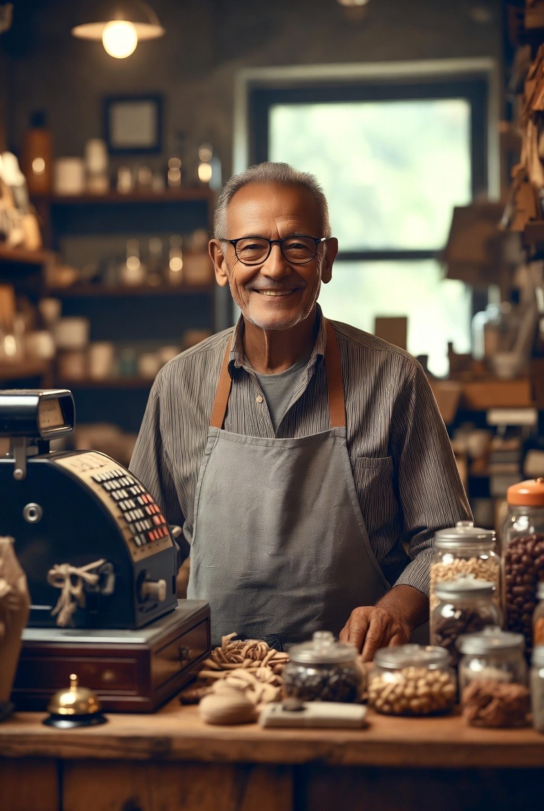 Friendly local shopkeeper standing behind the counter of his artisan store, representing the hardworking small business community of Coachella