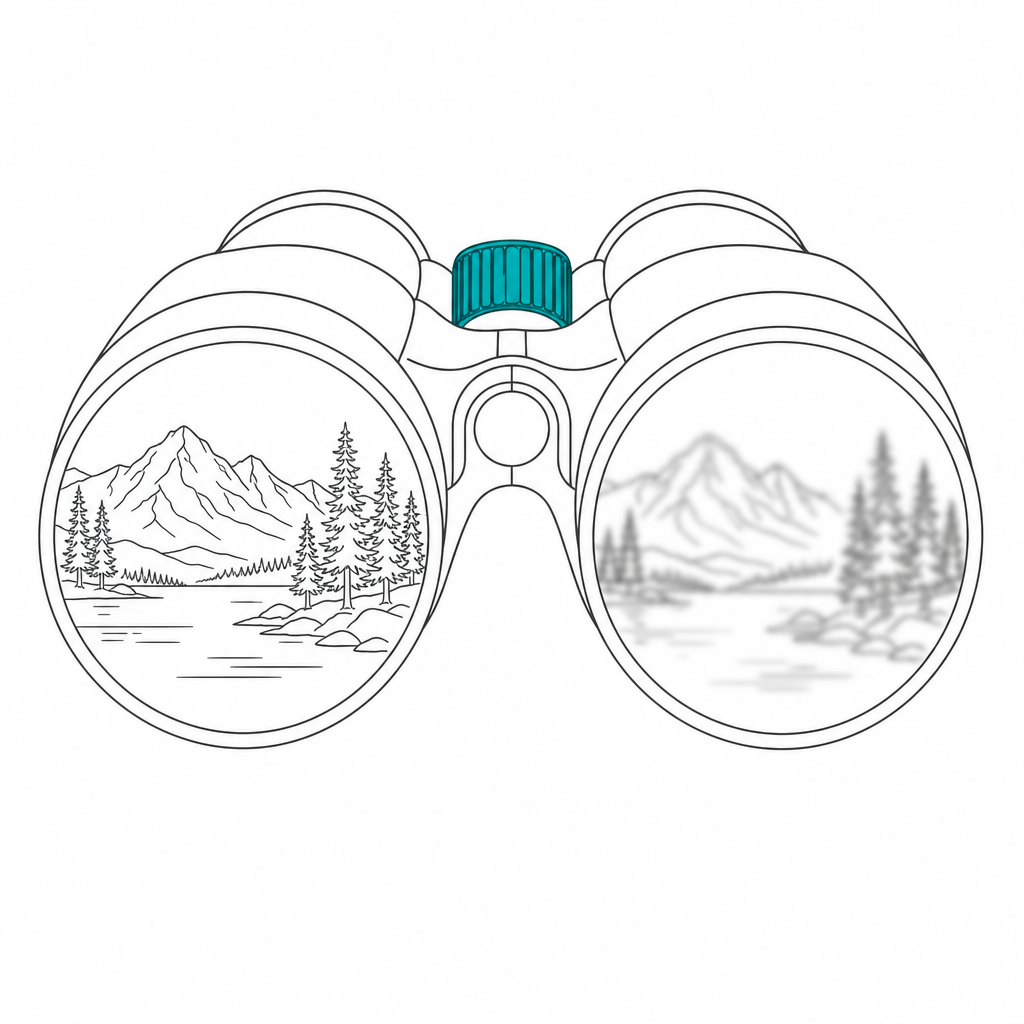 Illustration showing the view through binoculars with one side clear and one side blurry, representing how anisometropia creates a vision imbalance between the two eyes after cataract surgery
