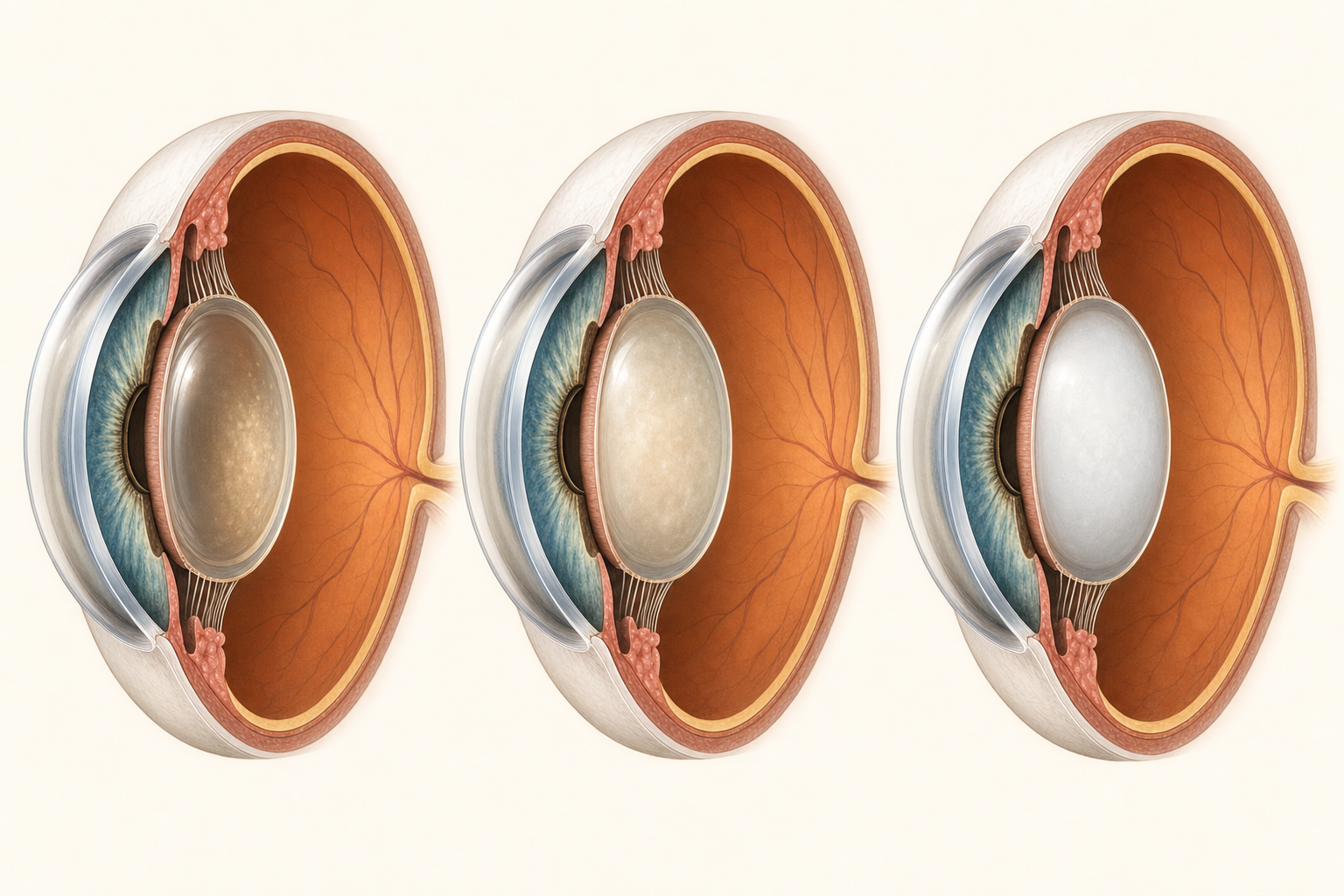 Illustration showing progressive clouding of the eye lens from early to dense cataract stages
