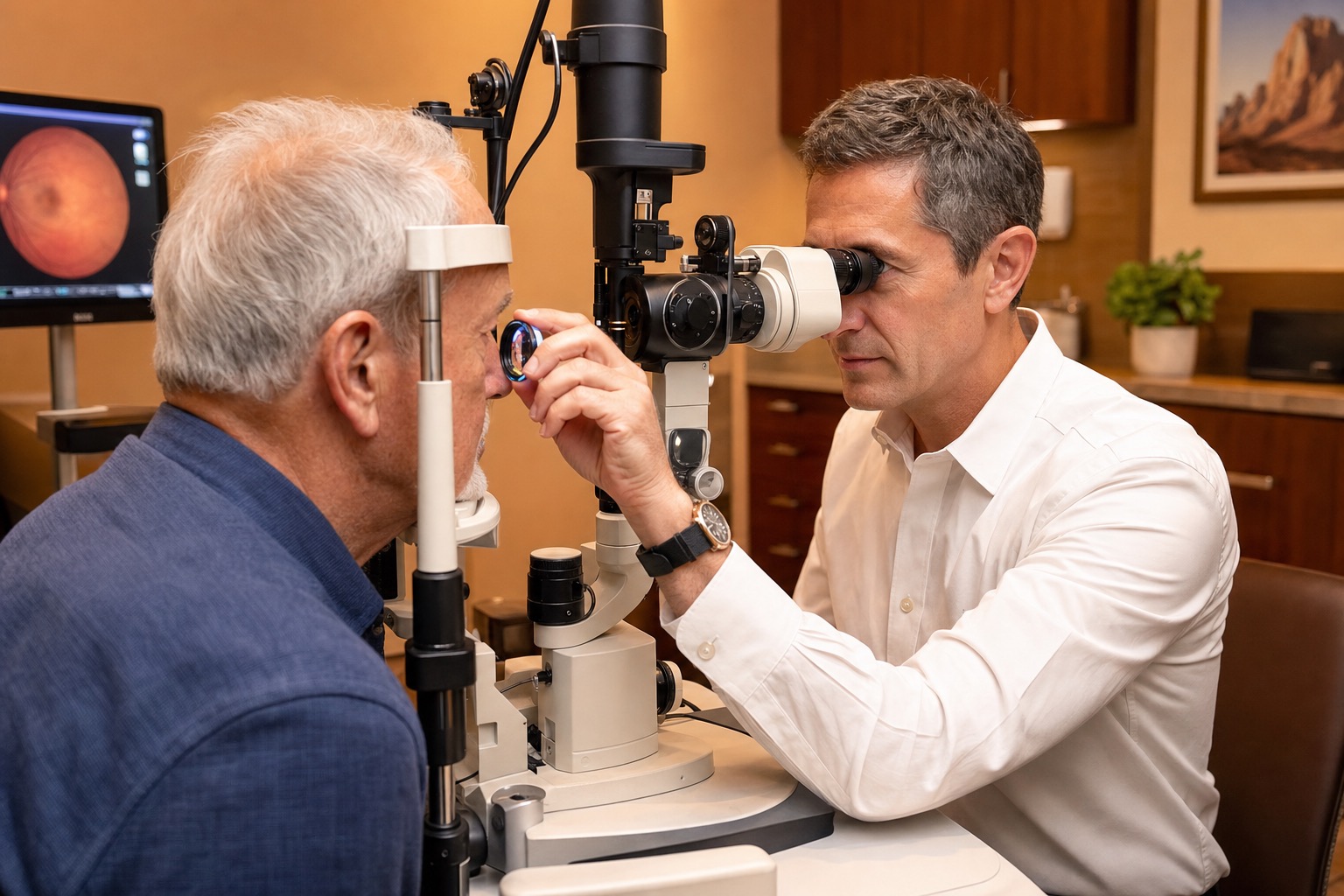 An ophthalmologist performing a dilated retinal examination with specialized lenses