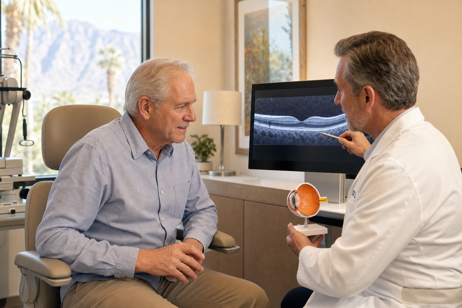 A patient having a thorough consultation about managing glaucoma and cataracts together, discussing surgical options and lens selection