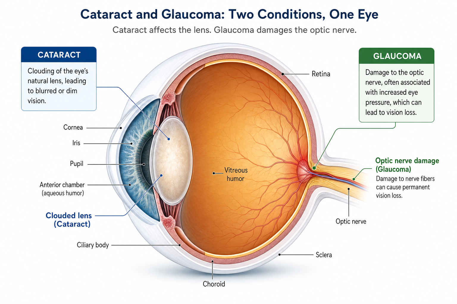 Illustration showing the difference between cataract affecting the lens and glaucoma affecting the optic nerve, two conditions coexisting in the same eye