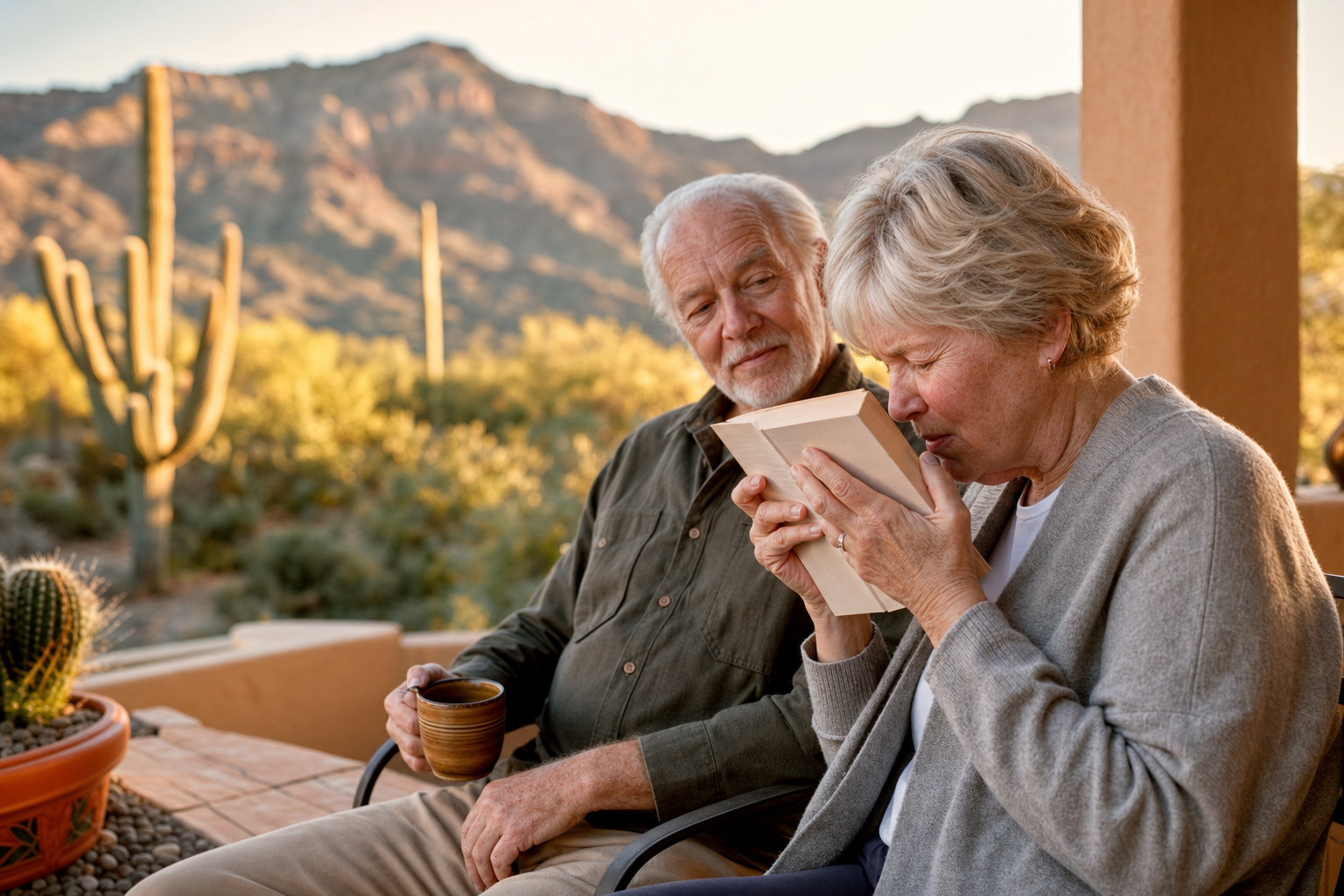 A senior woman struggling to read a book in warm sunlight, illustrating the central vision loss caused by macular degeneration
