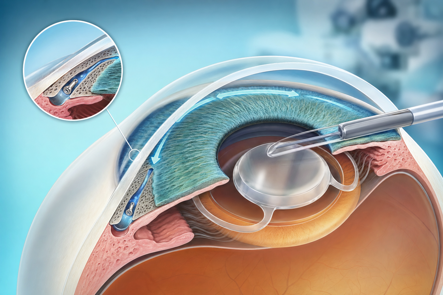 Conceptual illustration of MIGS performed during cataract surgery, showing the combined approach to treating both conditions through one procedure