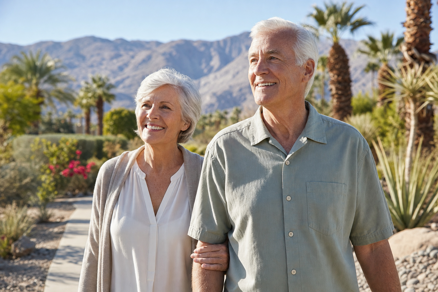 A senior couple walking outdoors in bright desert sunlight, representing the independence that clear vision provides