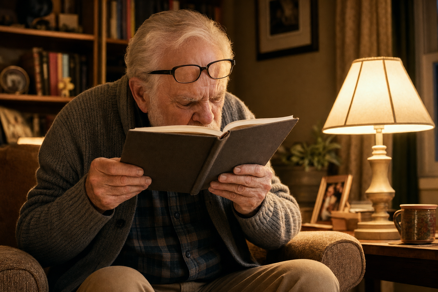A senior struggling to read a book under a lamp, illustrating the gradual vision loss from untreated cataracts