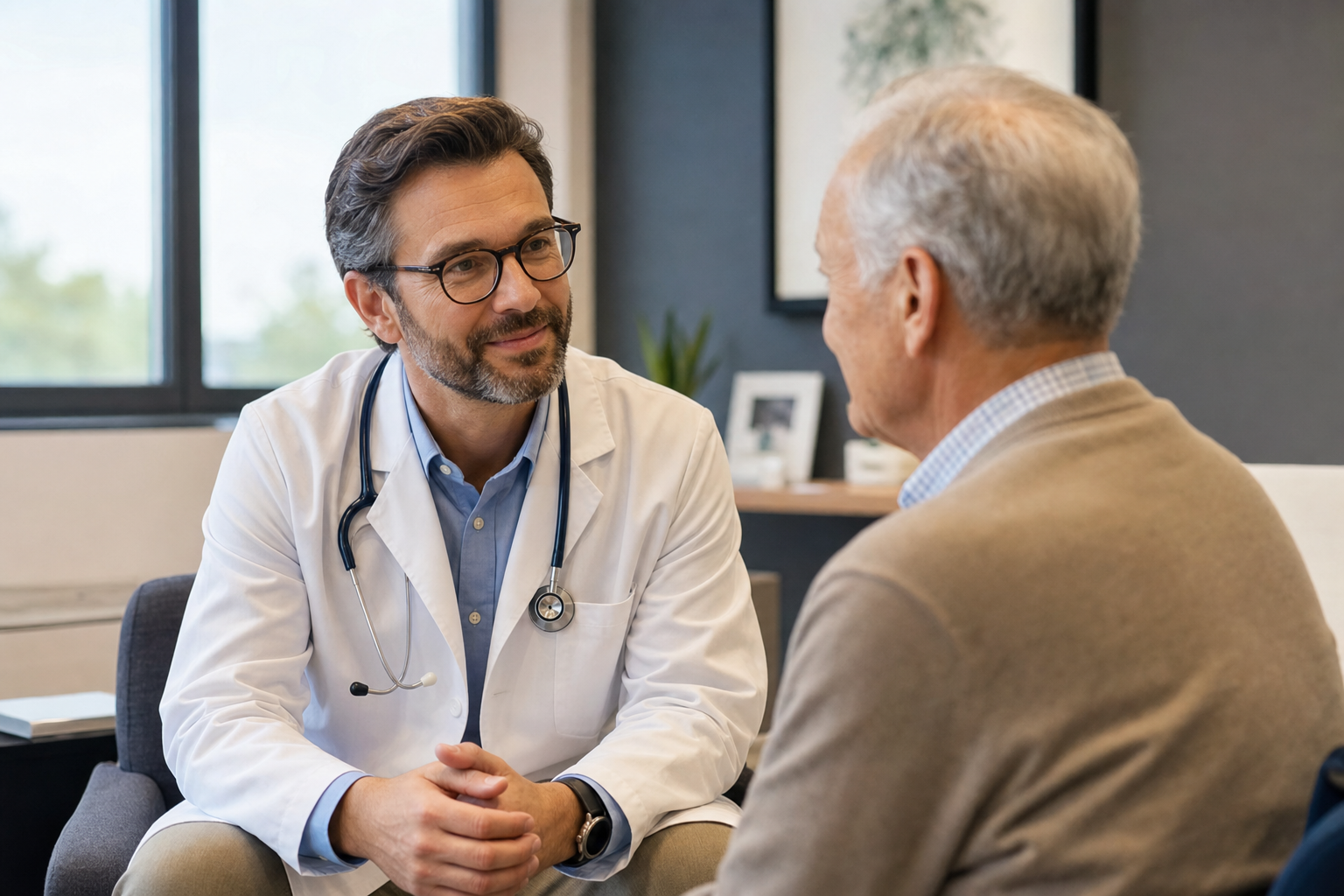 A patient and surgeon in conversation, representing the trust built through continuity of care