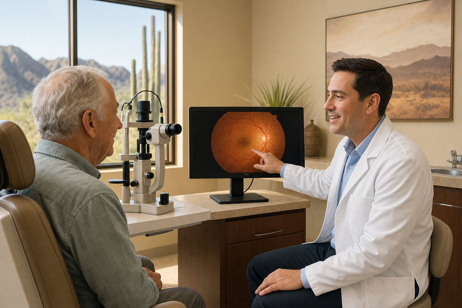 An ophthalmologist reviewing retinal imaging with a patient during a consultation