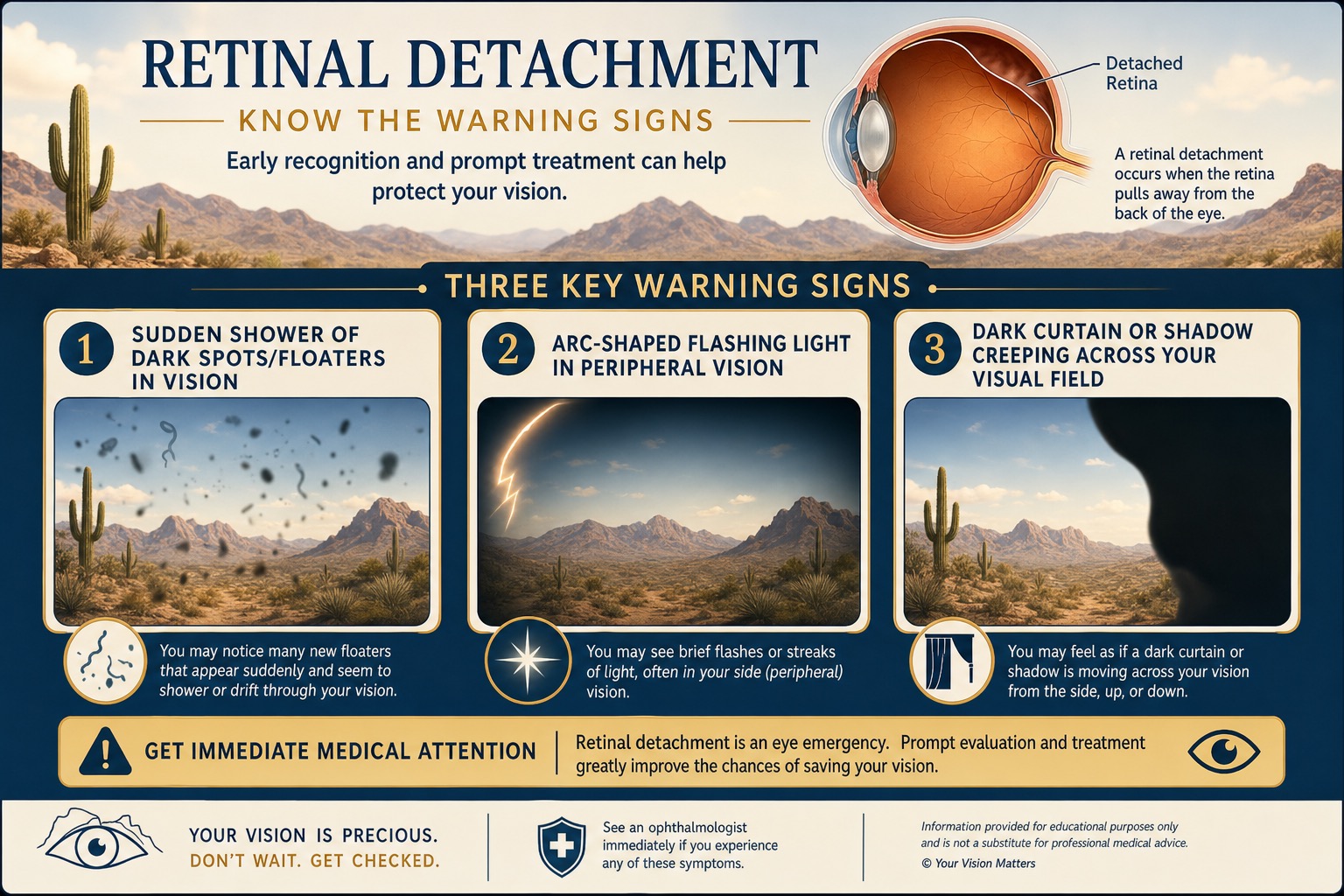 Visual representation of warning signs: sudden increase in floaters, flashing lights, and a shadow or curtain across peripheral vision