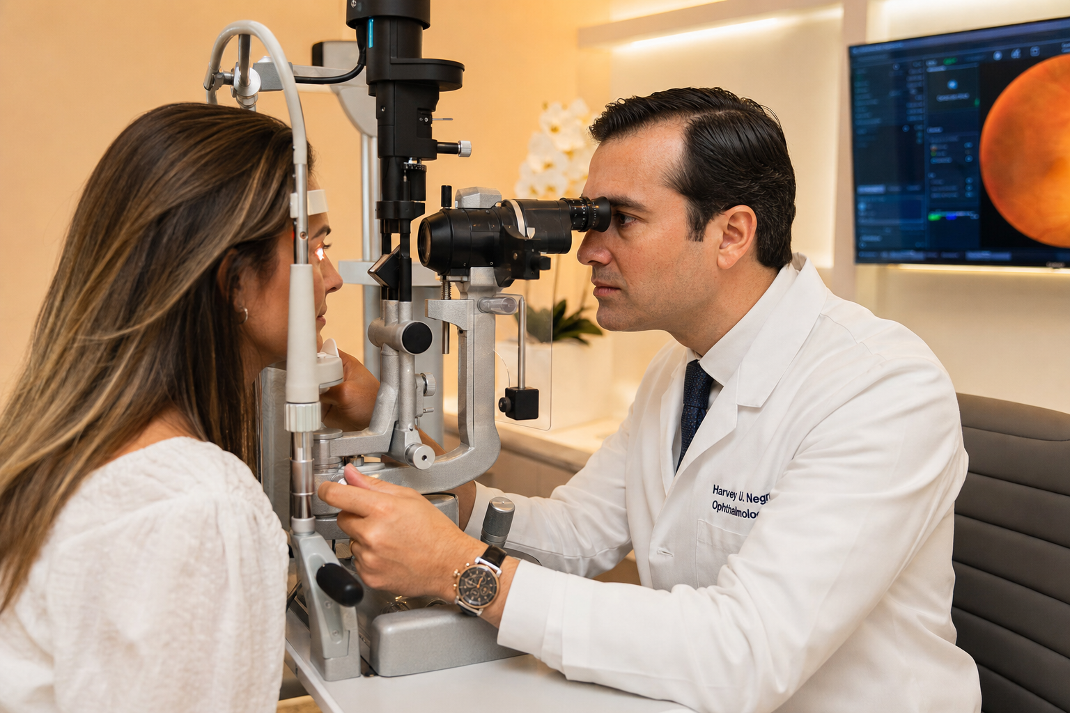 Dr. Tokuhara examining a patient at the slit lamp during a post-operative visit