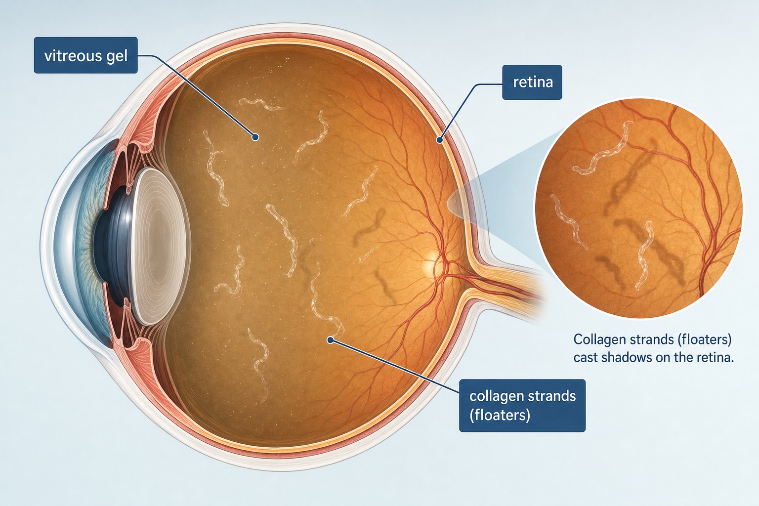Diagram showing the vitreous gel inside the eye with collagen strands casting shadows on the retina, illustrating how floaters form