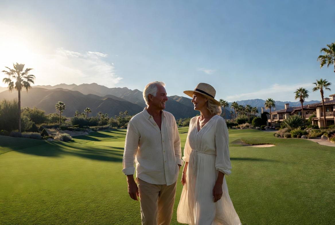 Couple enjoying golf at sunset in the Coachella Valley with clear distance vision