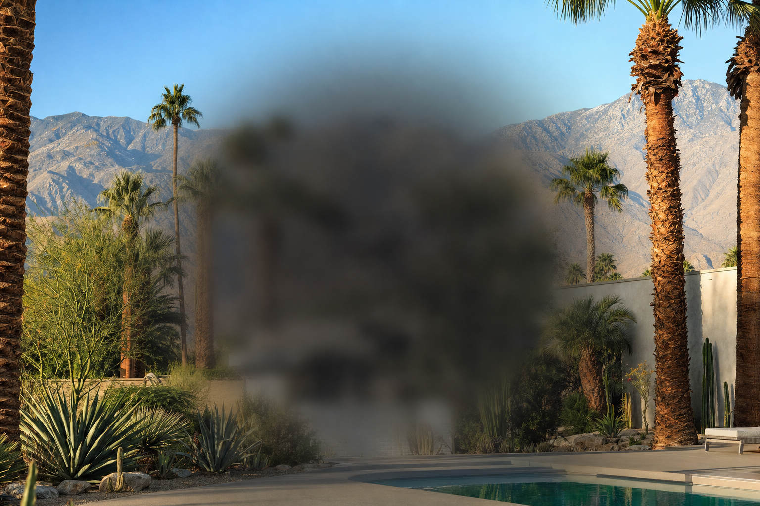 Simulation of vision with age-related macular degeneration showing central vision loss with clear peripheral vision in a Coachella Valley landscape
