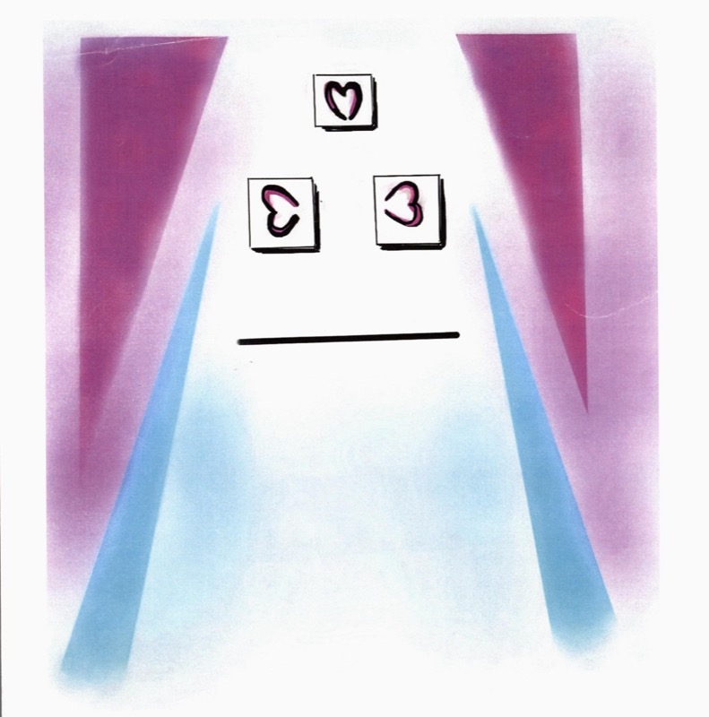 Patient drawing: geometric hearts and pink-blue light tunnel during cataract surgery