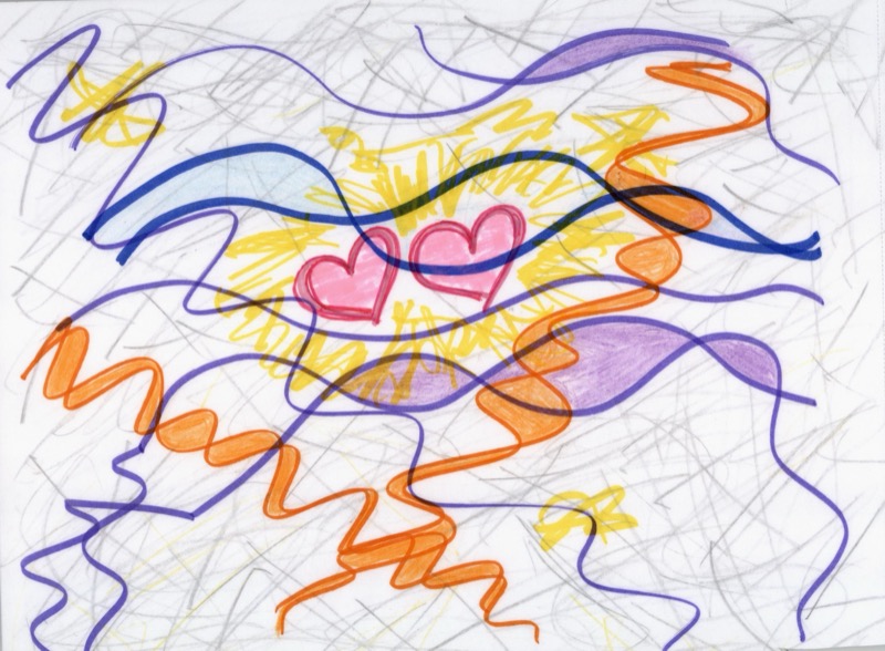Patient drawing: chaotic energy with yellow glow, pink hearts, and purple waves during cataract surgery