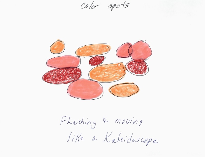 Patient drawing: orange-pink kaleidoscope color spots during cataract surgery