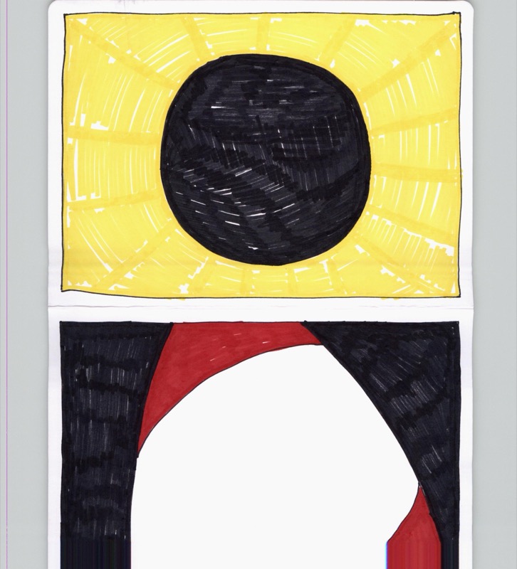 Patient drawing: bold black circle on yellow sunburst during cataract surgery
